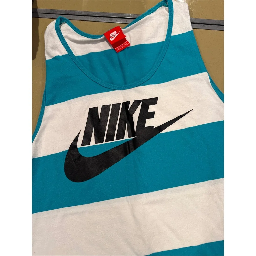 Vintage Red Tag Nike Tank Top Teal White Stripe Logo‎ Sleeveless Mens Size L